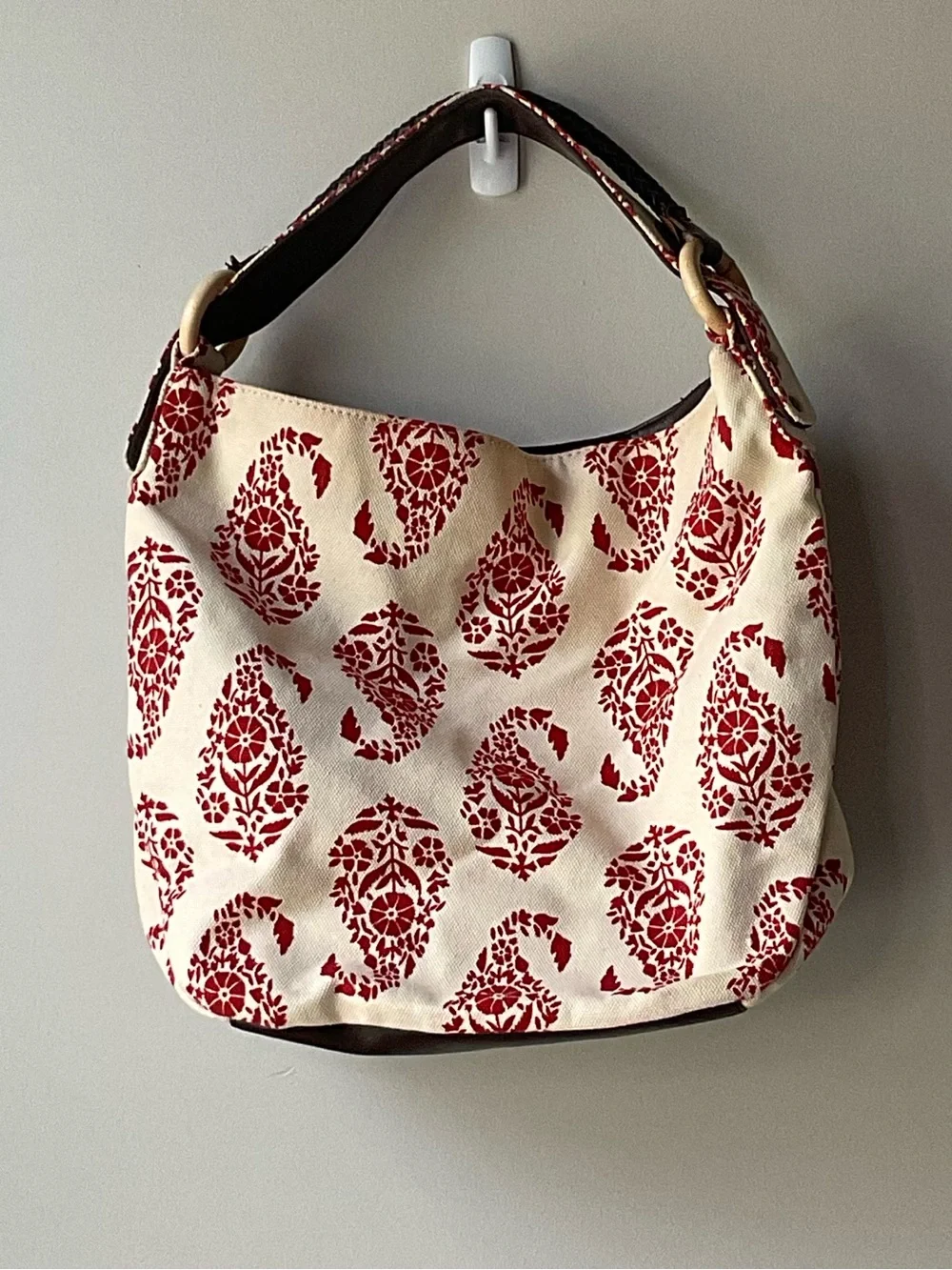 Stephanie Johnson Cream and Red Patterned Canvas Hobo Bag